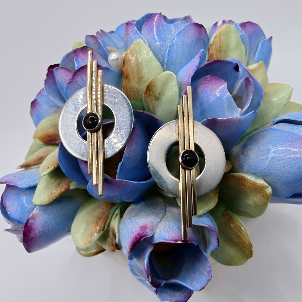 Signed Modernist Sterling Silver Gold Filled Onyx Geometric Earrings Vintage